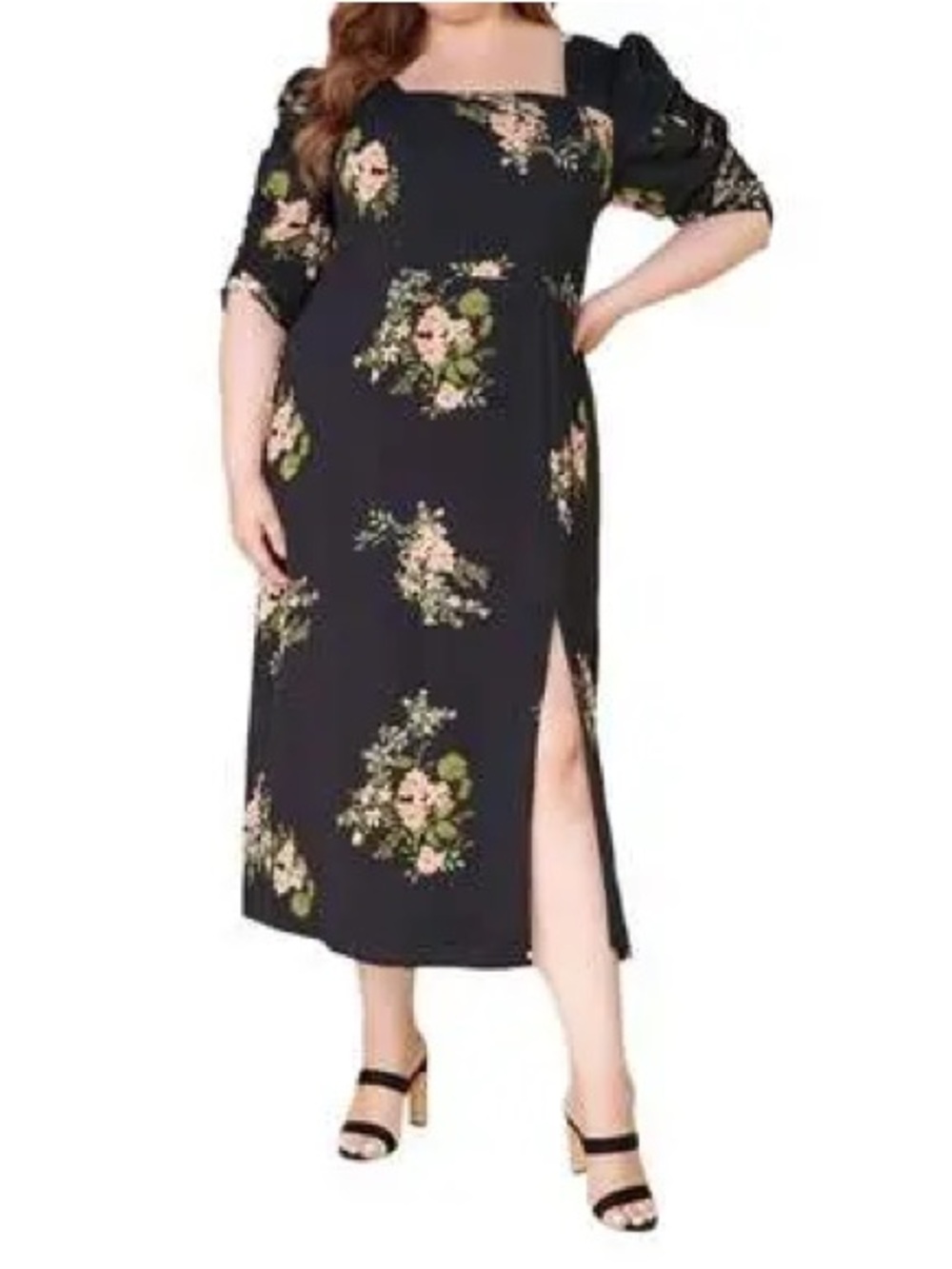 Sugarlips Jasleen Ruched Sleeve Midi Dress Black Floral with Side Slit